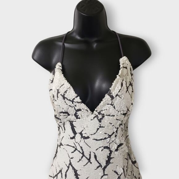 Lucy In The Sky White Black Sequins Abstract Backless Mini Dress Sz Large Party - Picture 2 of 11